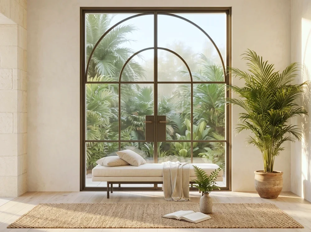 A black arched steel-look double door with reeded glass and brass handles