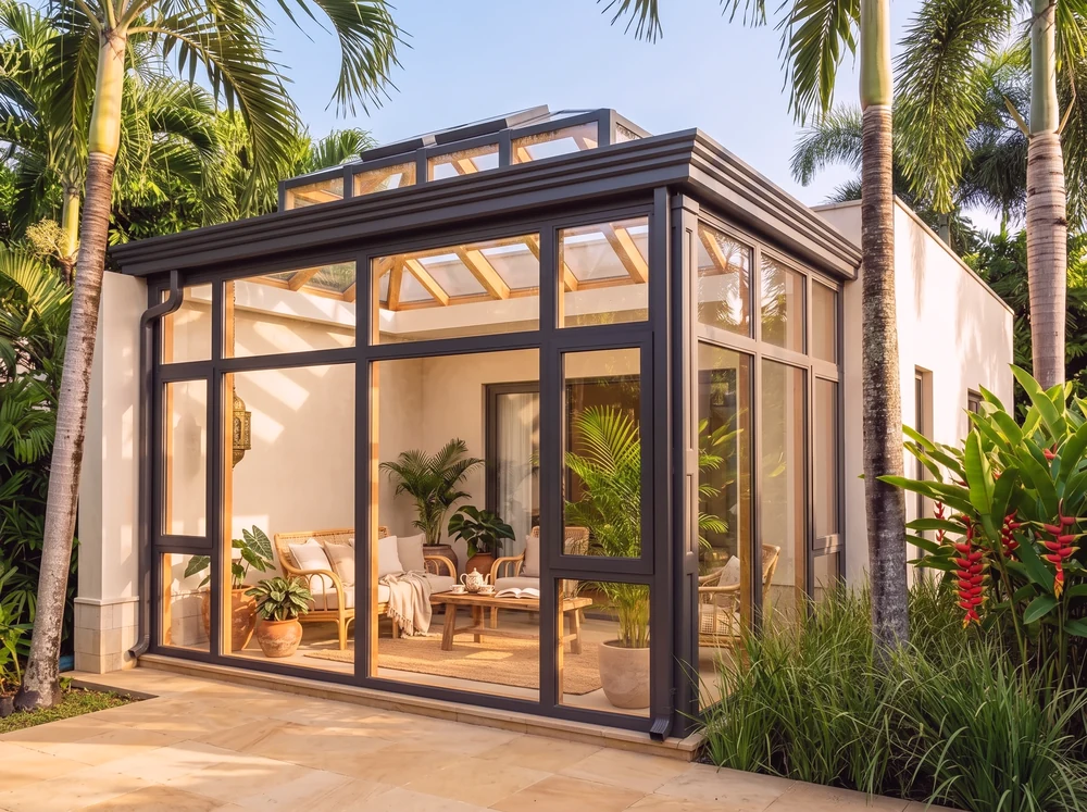 A glazed sunroom with dark aluminium framing built against a brick house