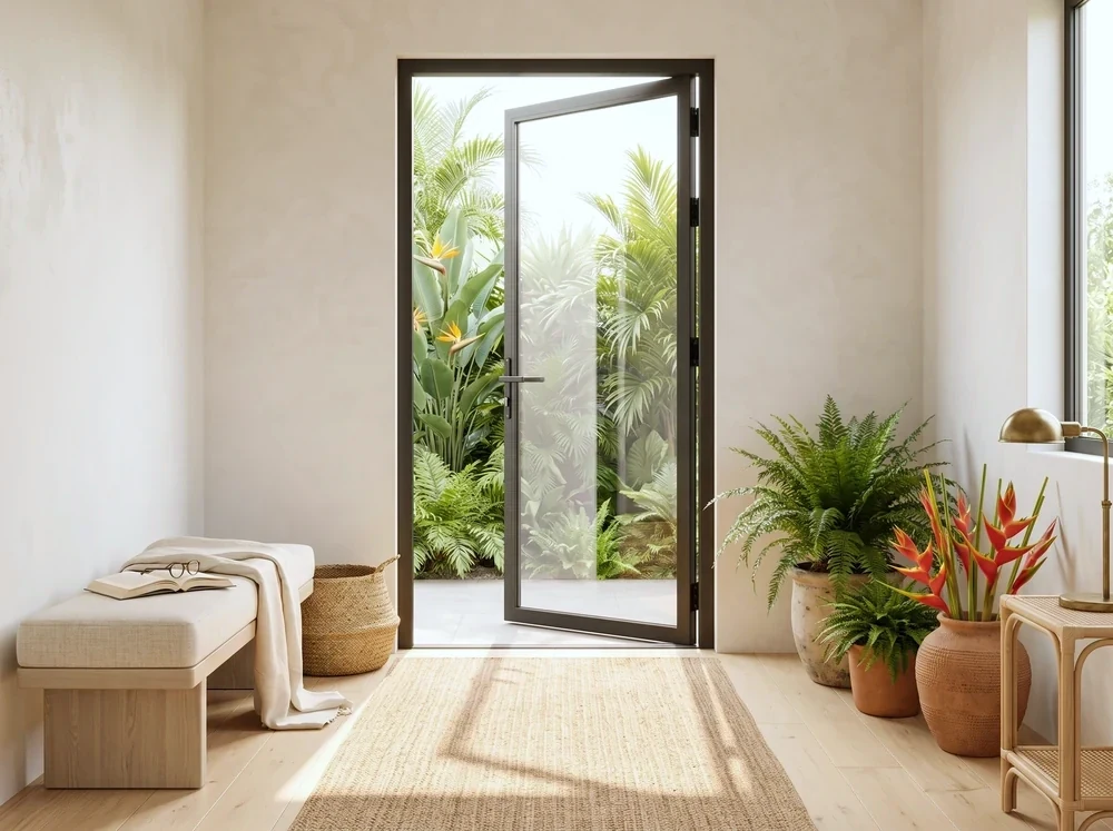 A slim black-framed swing door standing open onto a planted courtyard