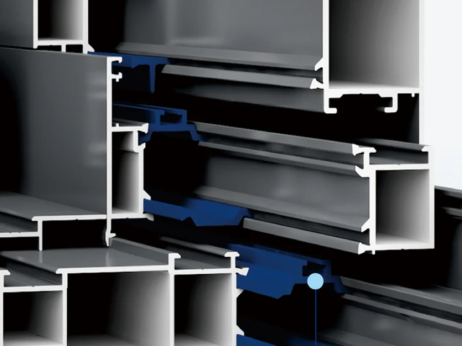 A multi-chambered aluminum window profile in section on a white ground