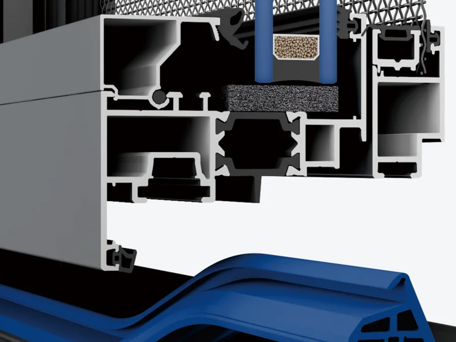 A window frame edge in section showing the glazing rebate, the desiccant-filled spacer and the gasket