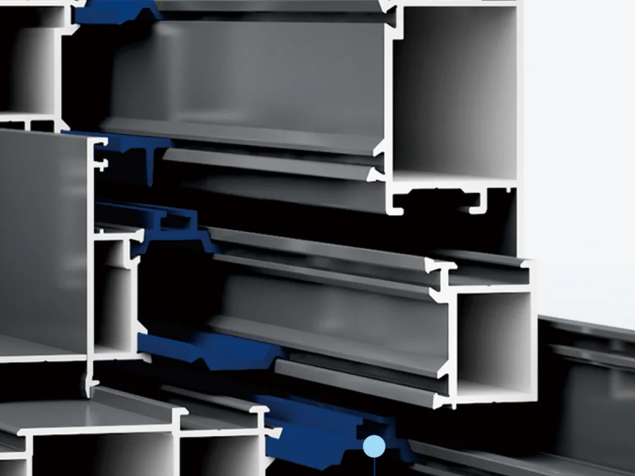 Aluminum profiles in section showing the polyamide thermal-break strips between the inner and outer chambers