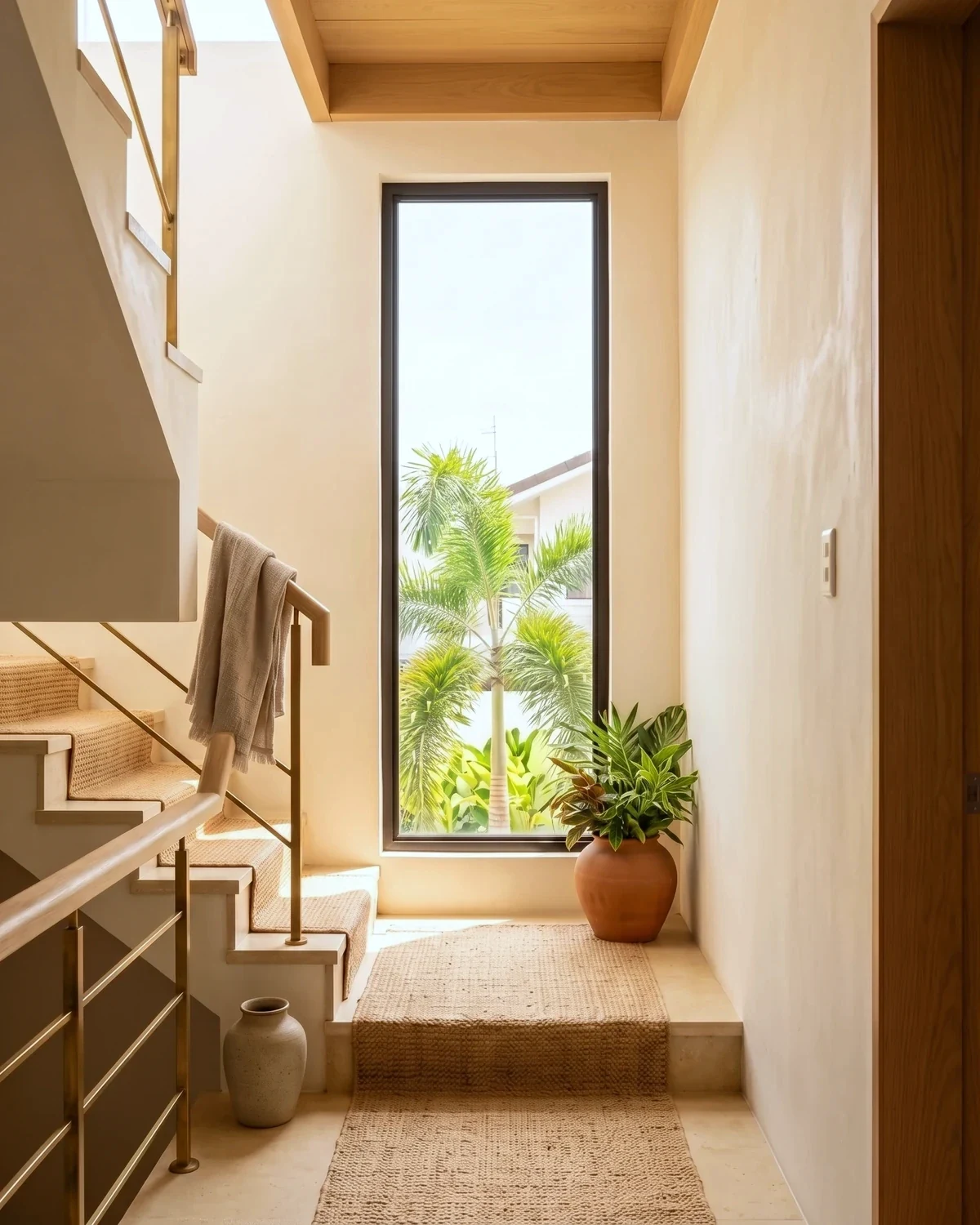 A tall fixed window framing a palm, seen from a sunlit plaster stairwell
