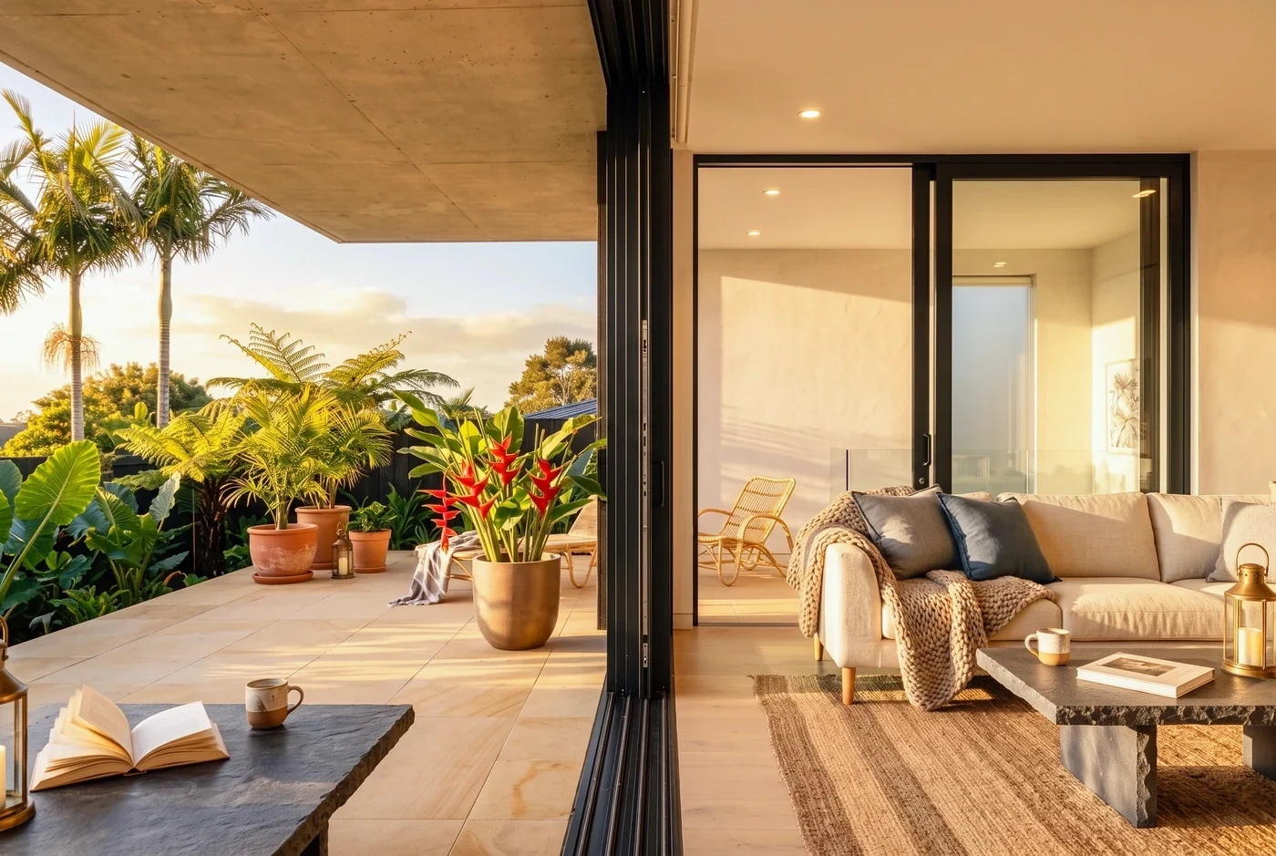 Large-format sliding doors open onto a covered terrace in low golden afternoon light