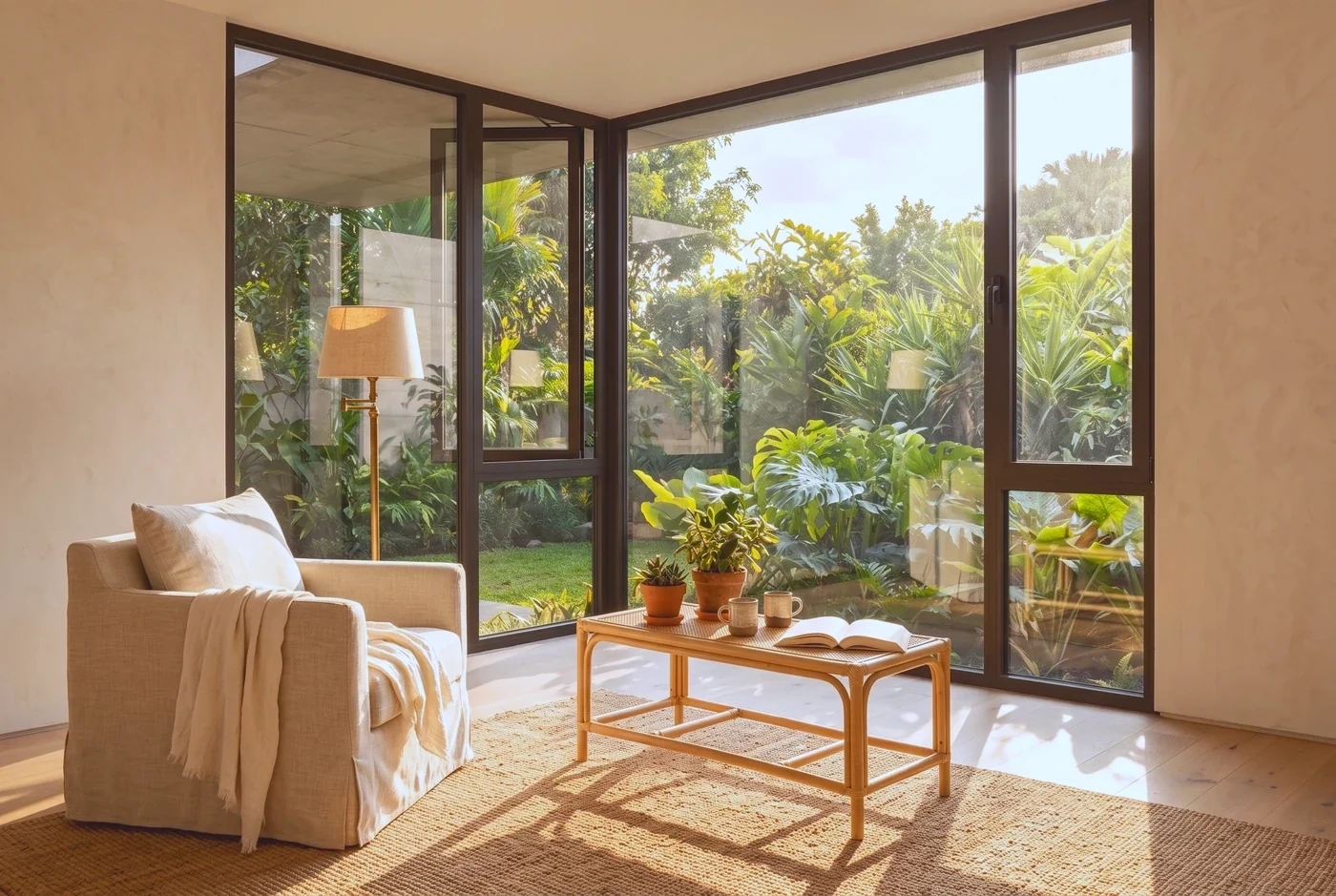 A corner casement window in low golden light, long frame shadows across the floor