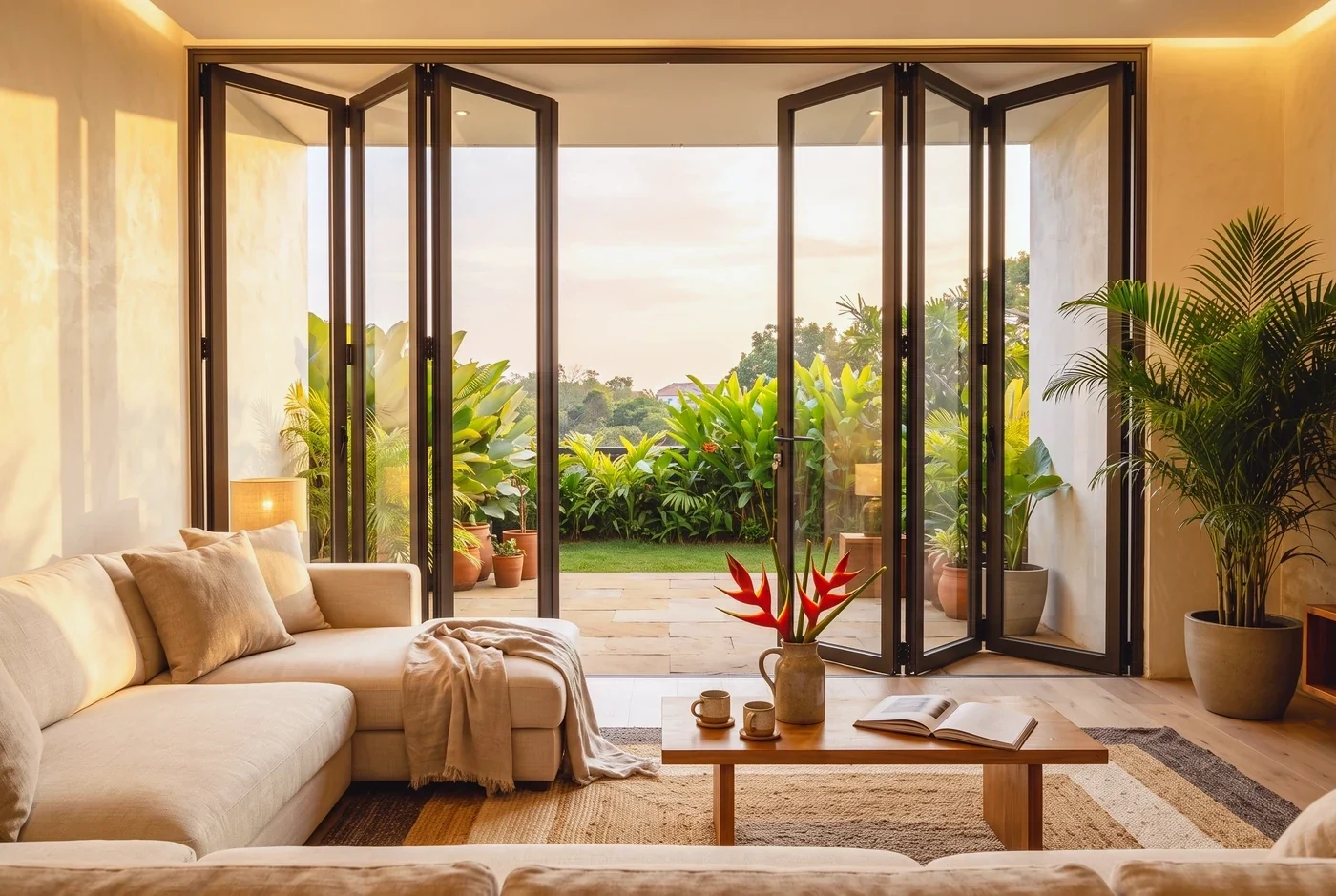 A bi-fold door folded open at golden hour, warm light flooding the interior