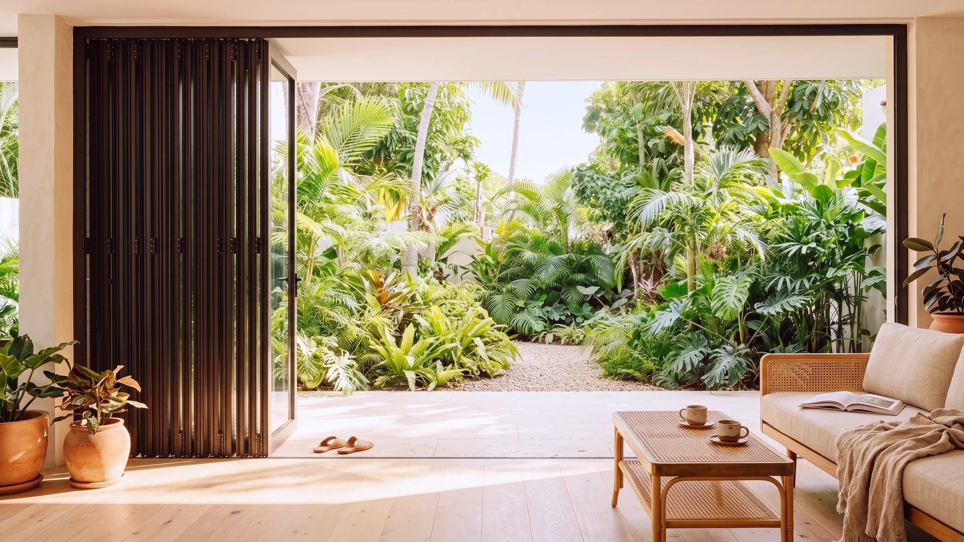 A folding door stacked fully aside, opening a living room to a tropical garden