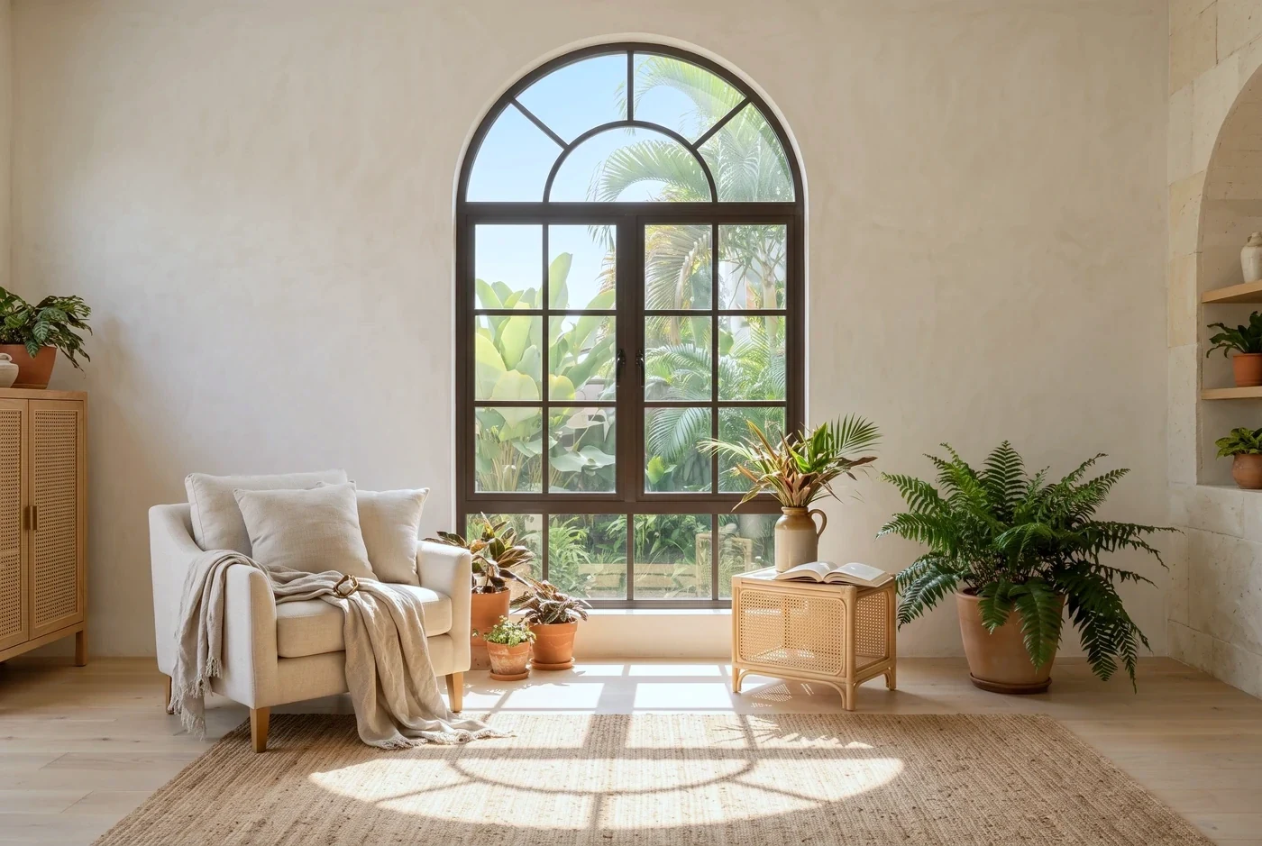 An arched black French window casting patterned morning shadows across a panelled room