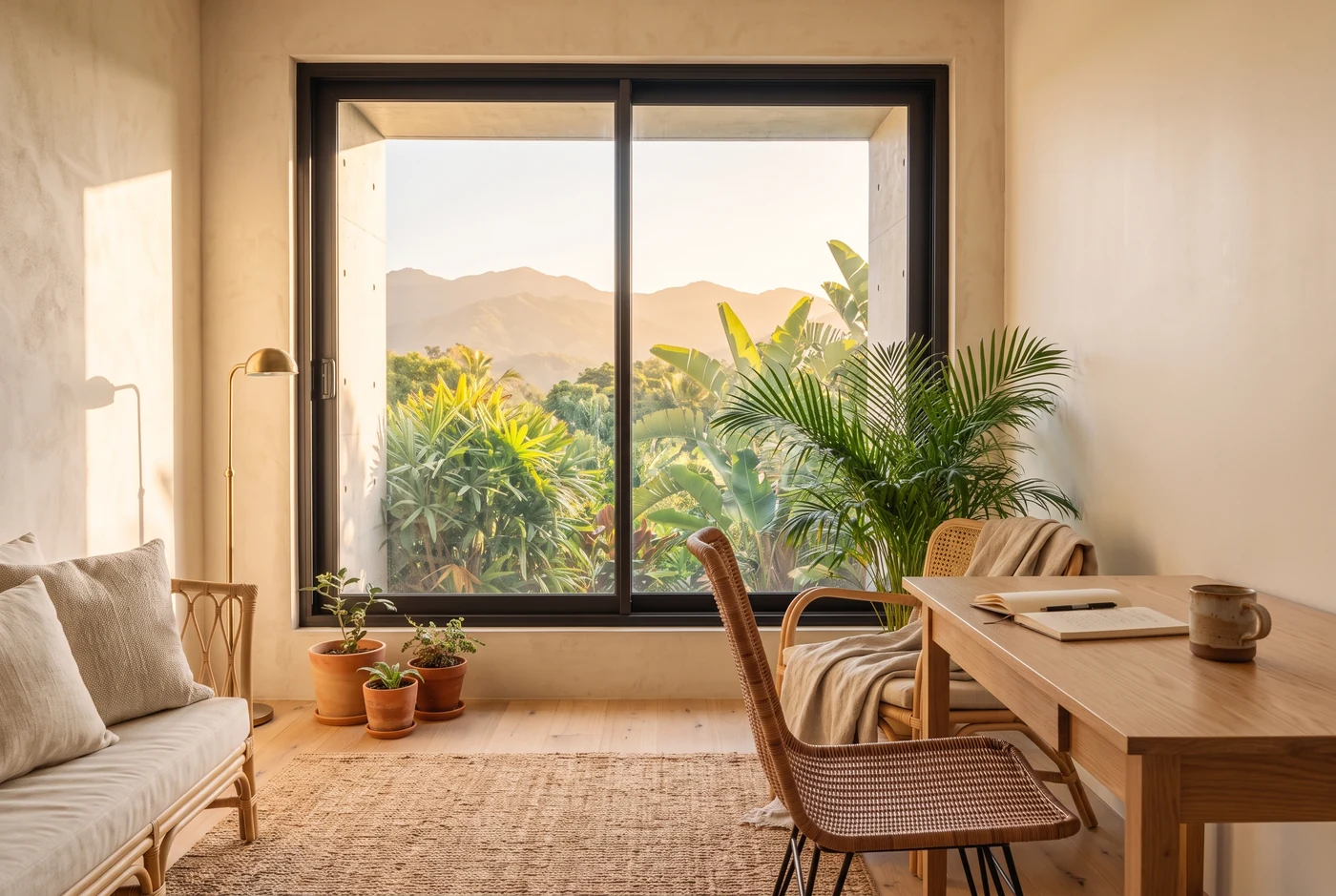 A slim black sliding window in golden-hour light, mountains beyond the glass