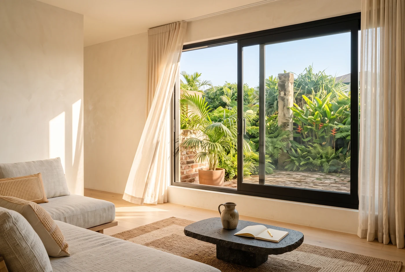 A three-track sliding window open behind a moving linen curtain