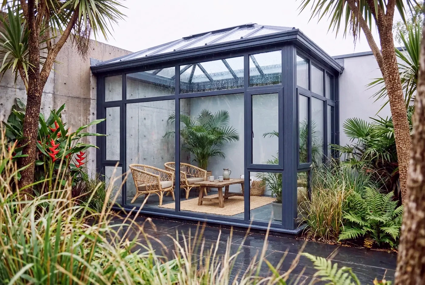 A glazed sunroom with dark aluminium framing and a glazed roof, built against a brick house