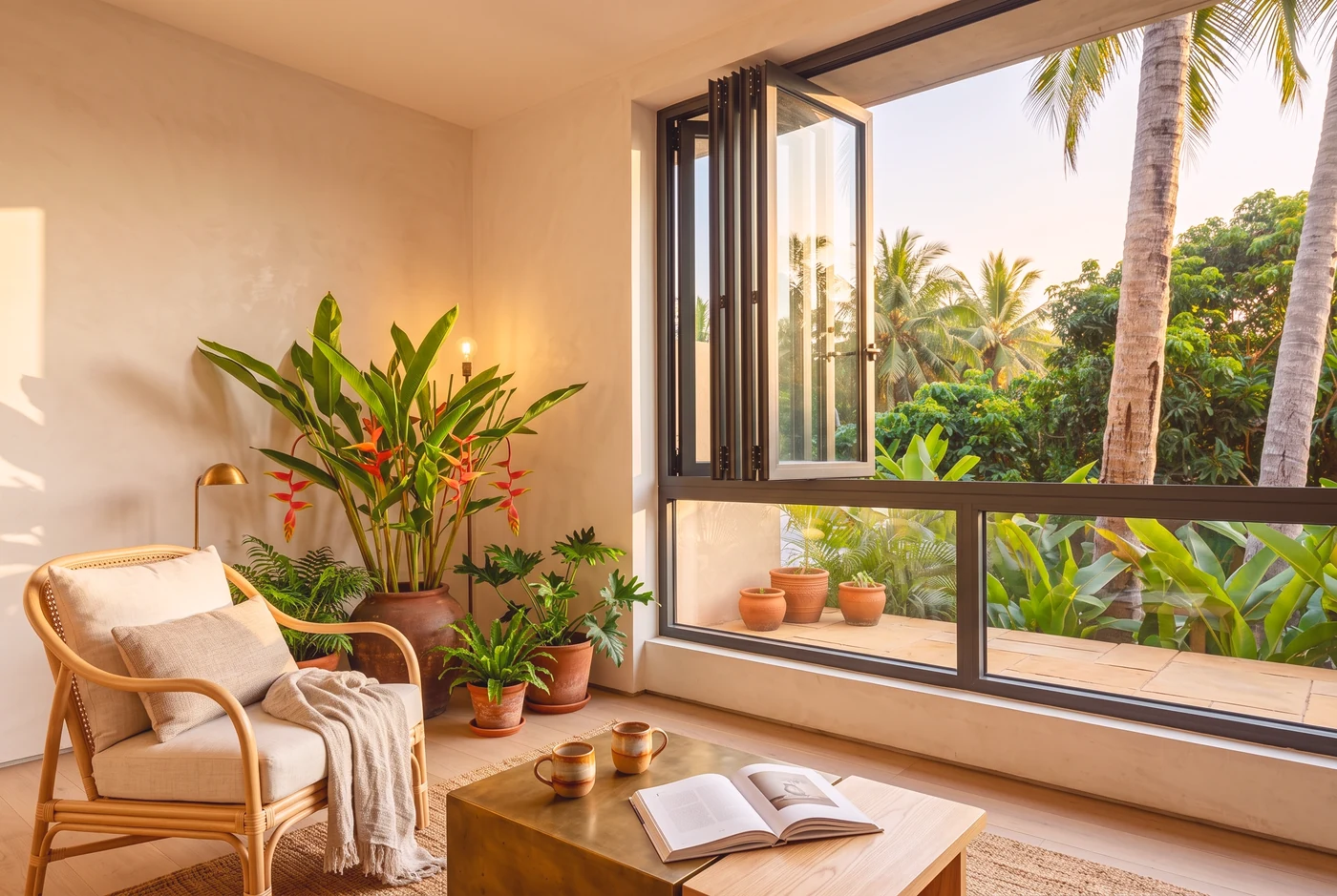 Folding windows open on a balcony at sunset over the sea