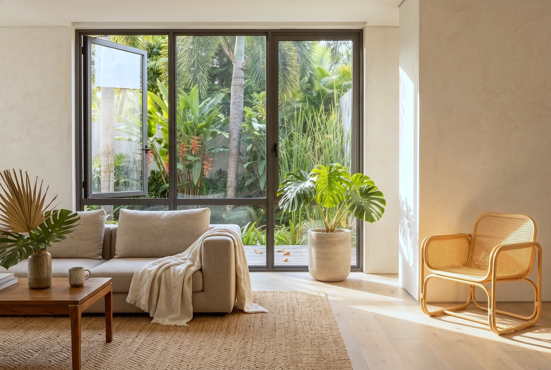A bright plaster living room where morning light through an aluminium casement wall lays frame shadows across a pale oak floor
