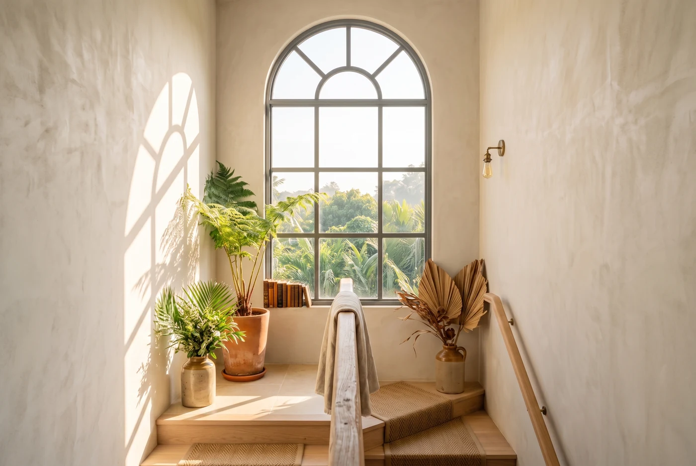 An arched window with fine glazing bars in a stair hall