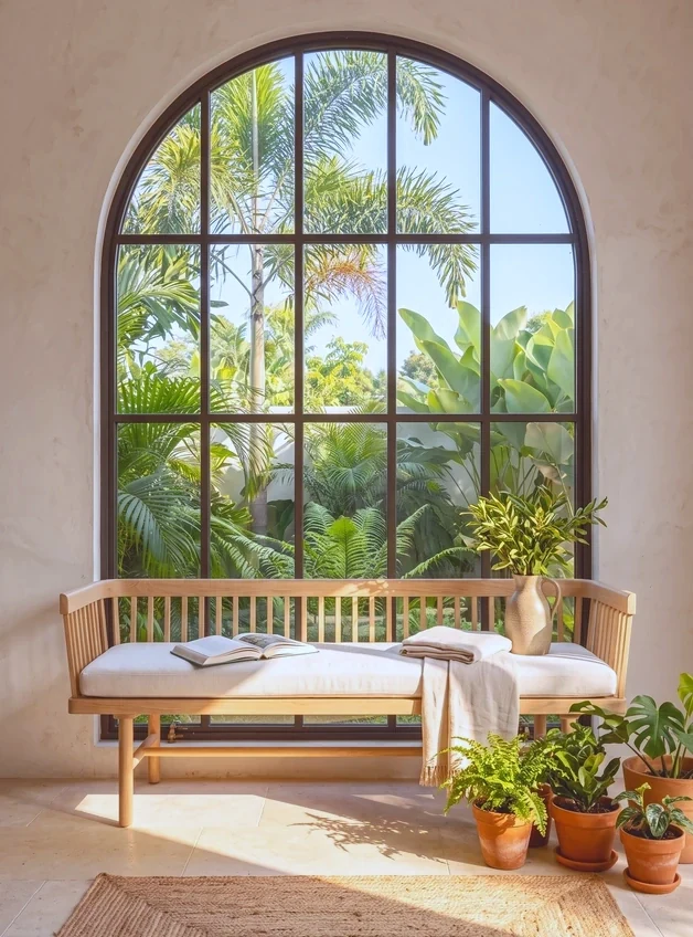An arched window with slim glazing bars above a linen bench in morning light