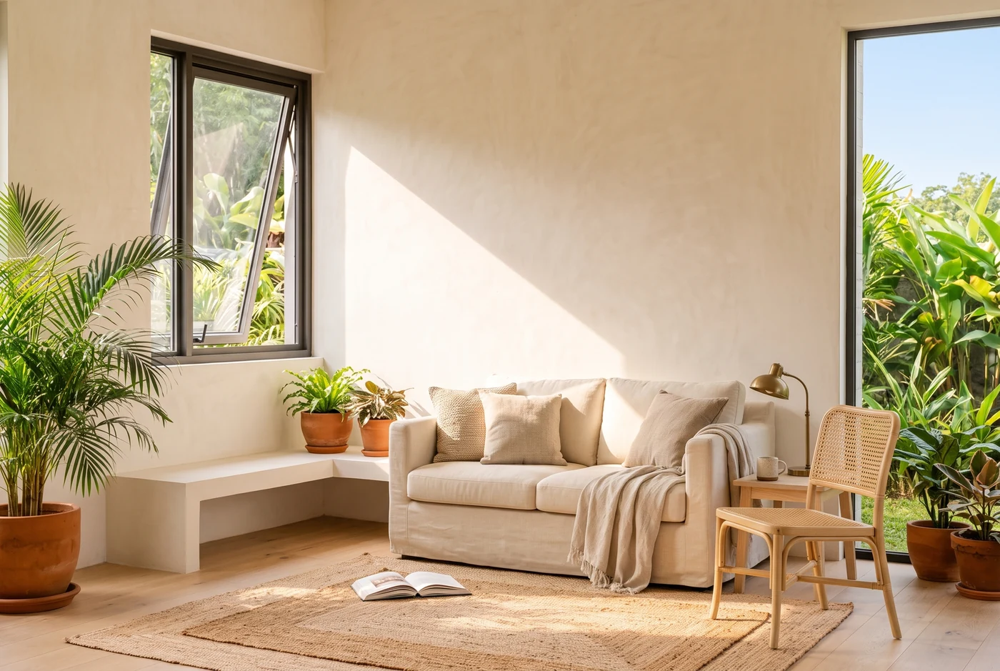 An awning window open on its stay above a bench, morning light across a jute rug