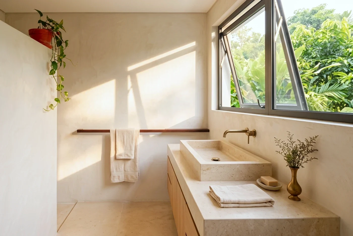 An awning window open on its stay above a stone trough basin, heliconia in a jug