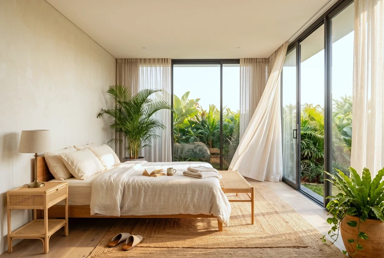 A bedroom sliding window open behind moving sheer curtains, tropical planting beyond