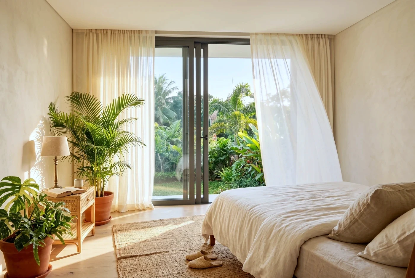 A bedroom sliding window open behind lifting linen curtains in warm morning light