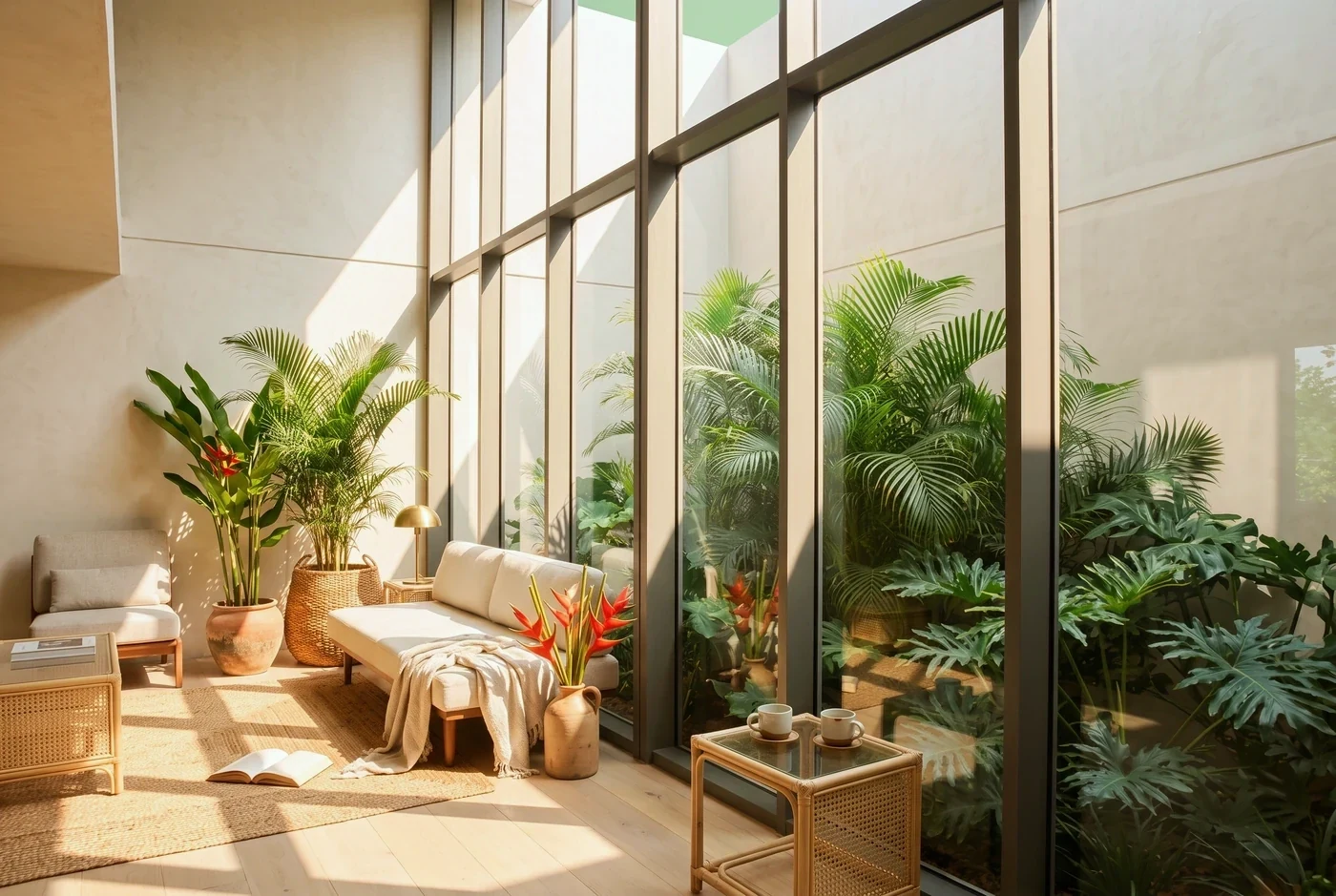 Slim curtain-wall mullions running floor to ceiling