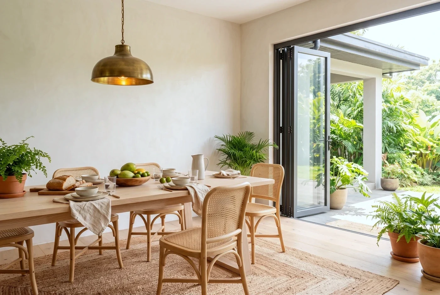 A dining table just after lunch, folding doors open to a wet terrace and tropical planting