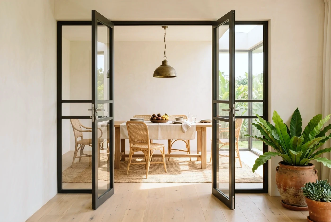 A pair of glazed swing doors standing open from a hall into a dining room