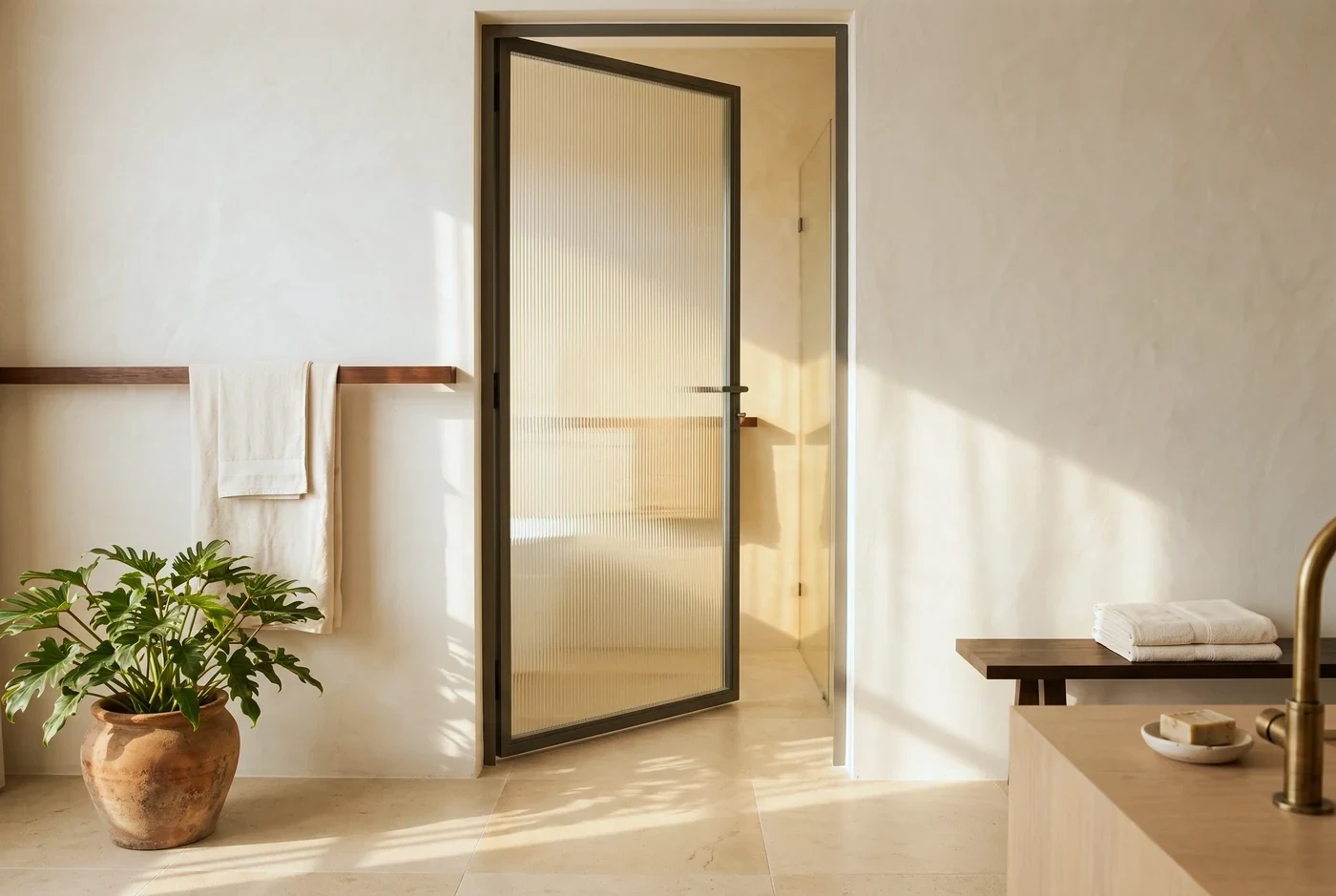 A reeded-glass swing door ajar, a towel over a timber rail and a basket beside it