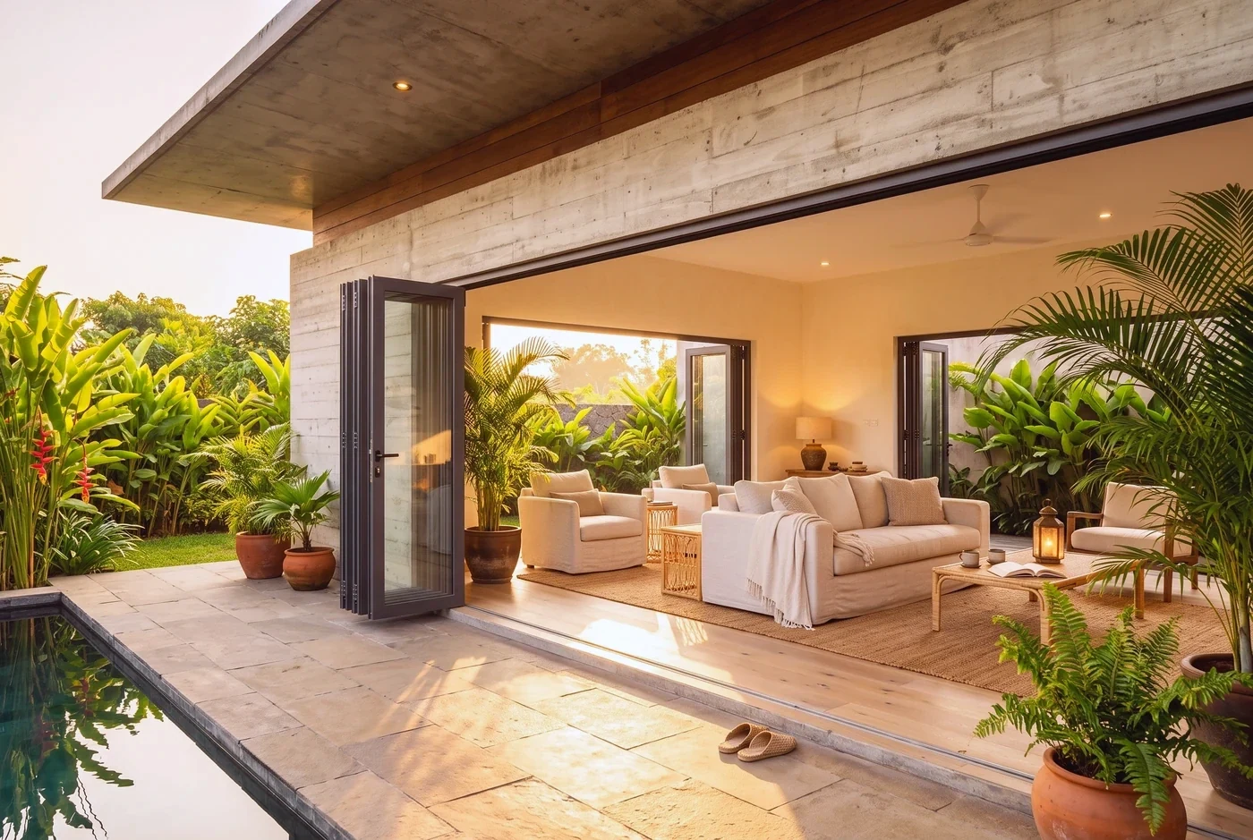 Folding doors stacked open across a whole ground floor at golden hour, mirrored in a still pool