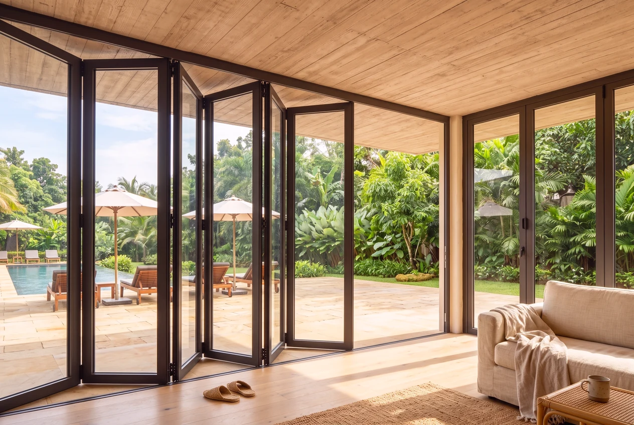 Someone walking out through folding doors caught mid-stack after rain