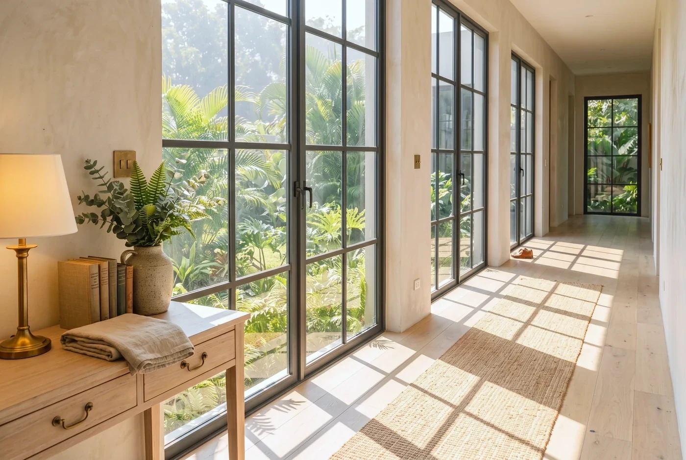 Morning sun through fine glazing bars laying a grid of shadow down a hallway