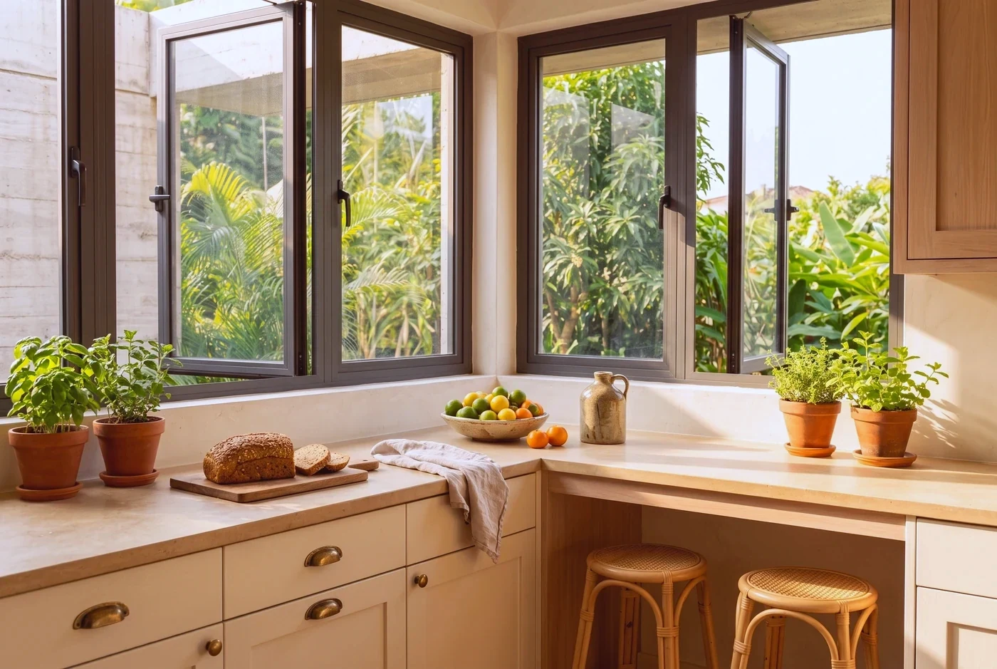 Corner casements over a stone counter, crossing window-bar shadows and a board of herbs