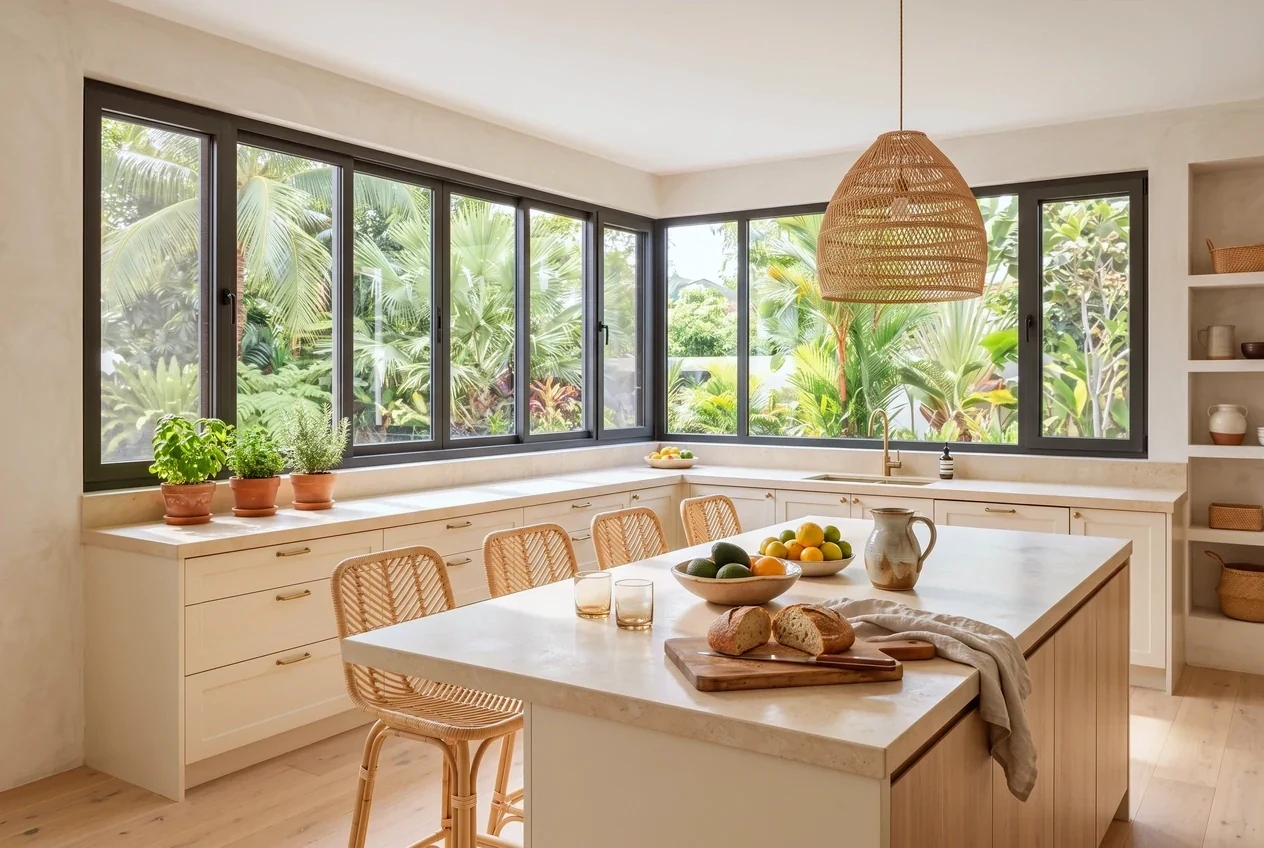 Sliding windows above a pale limestone island set with fruit, a board and a carafe