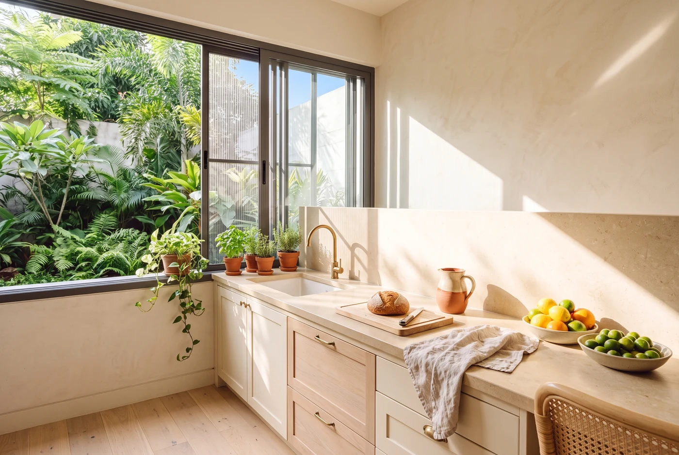 A sliding window opening over the sink to a planted courtyard, screen in its own track