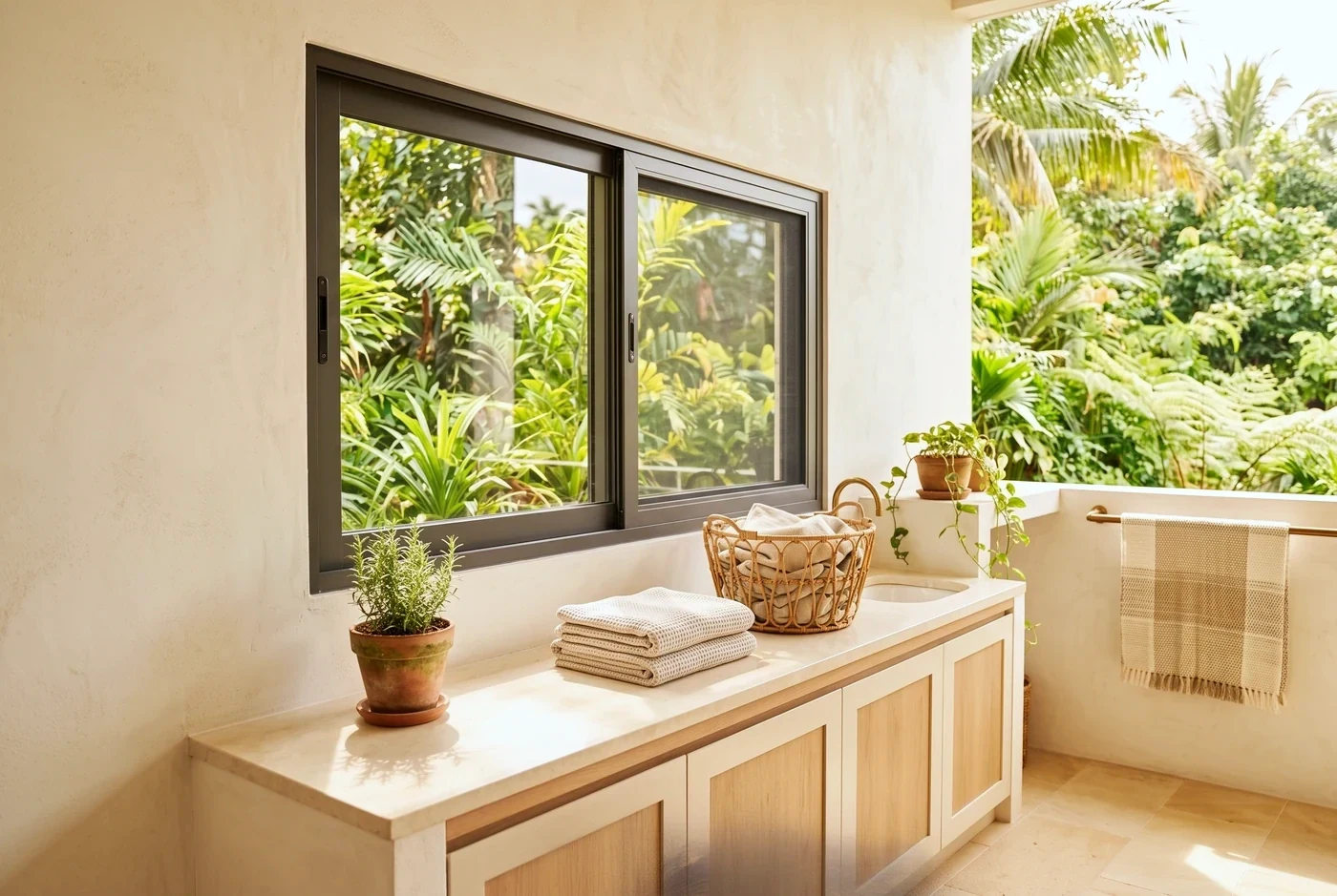 A sliding window above a pale timber service counter, folded linen and a basket beneath
