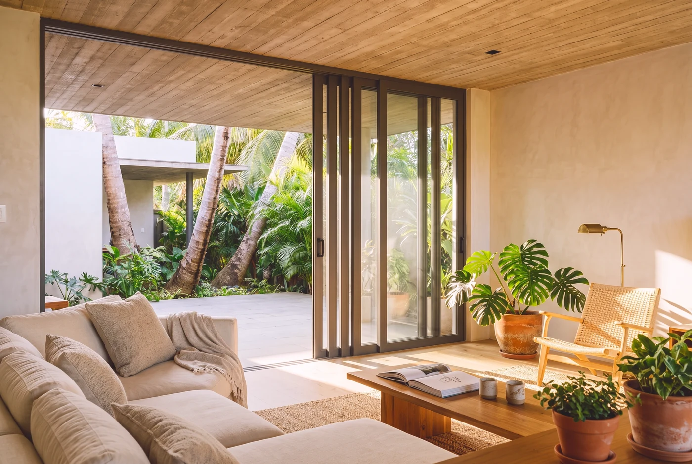 A four-panel slider half open onto a covered lanai, sectional cropped at the frame edge