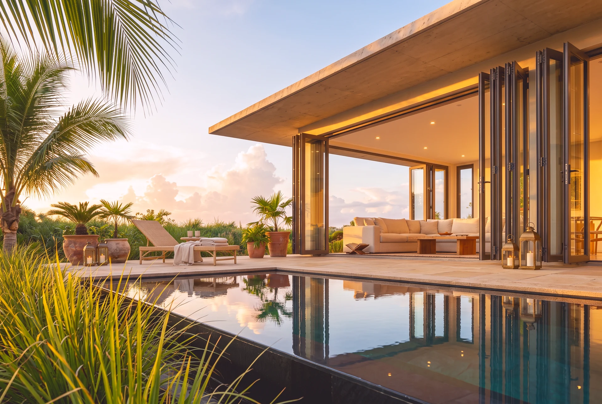 A pavilion at golden hour with folding doors stacked open, mirrored in a still pool