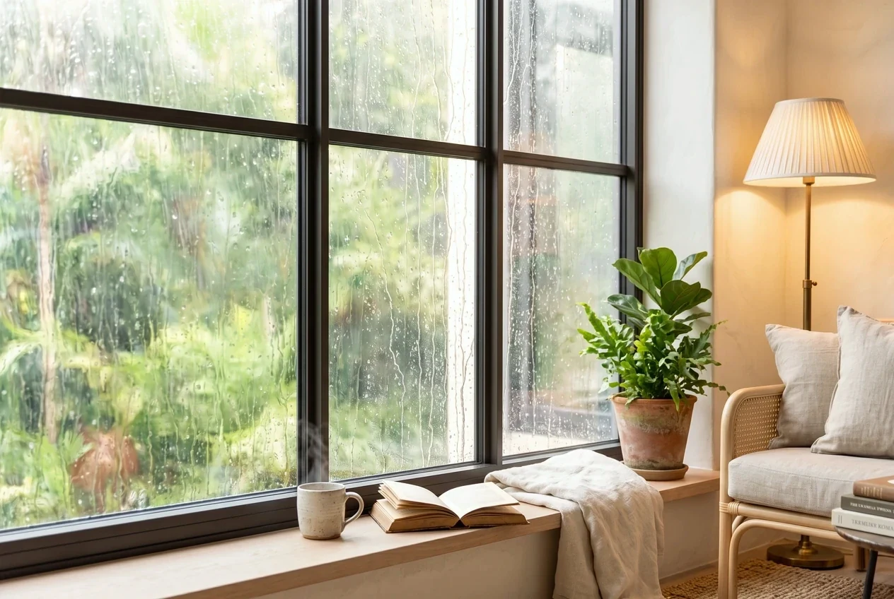 Tropical rain sheeting down the outside of a sliding pane, a lamp lit within