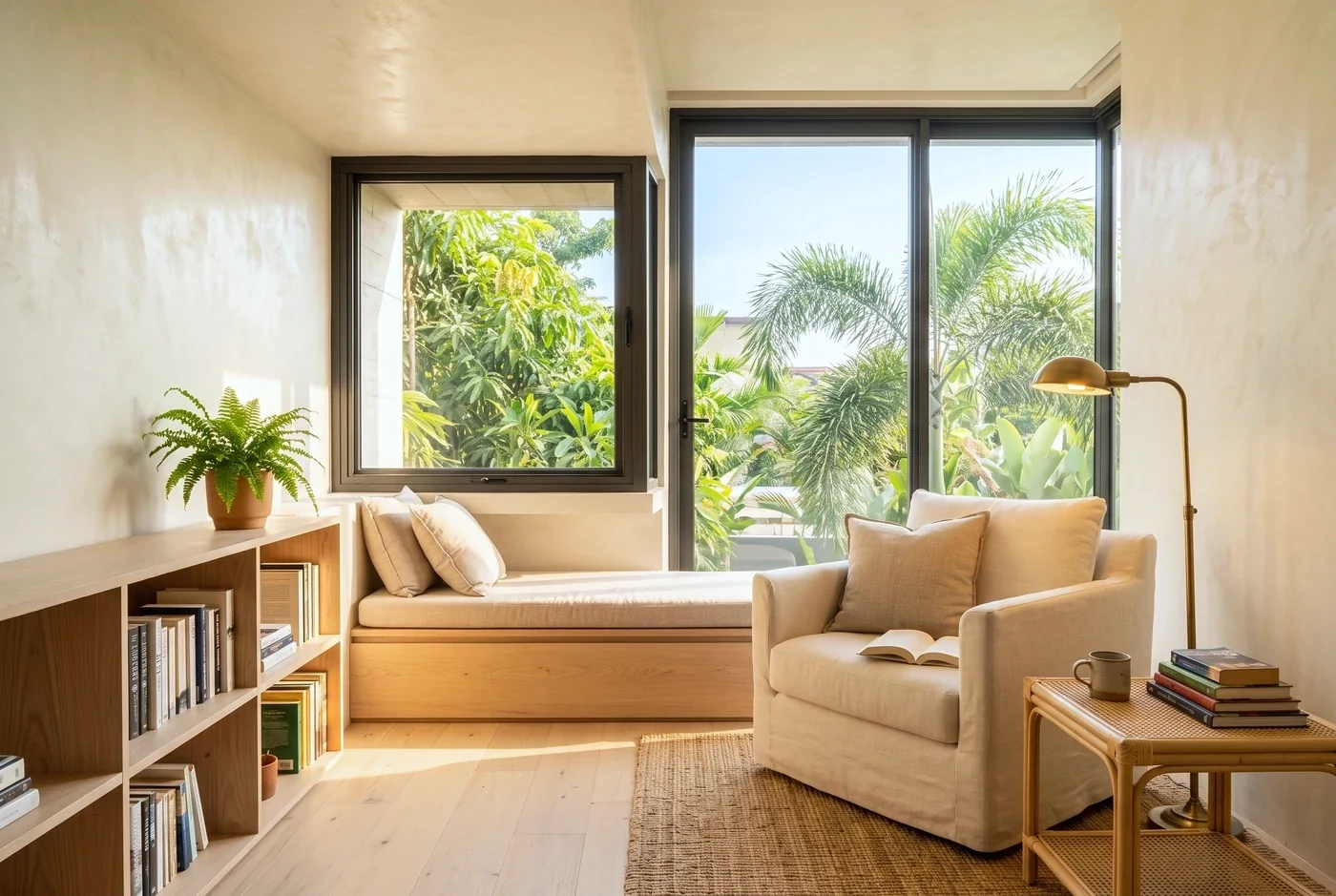 A reading nook in a deep reveal beside an open sliding window