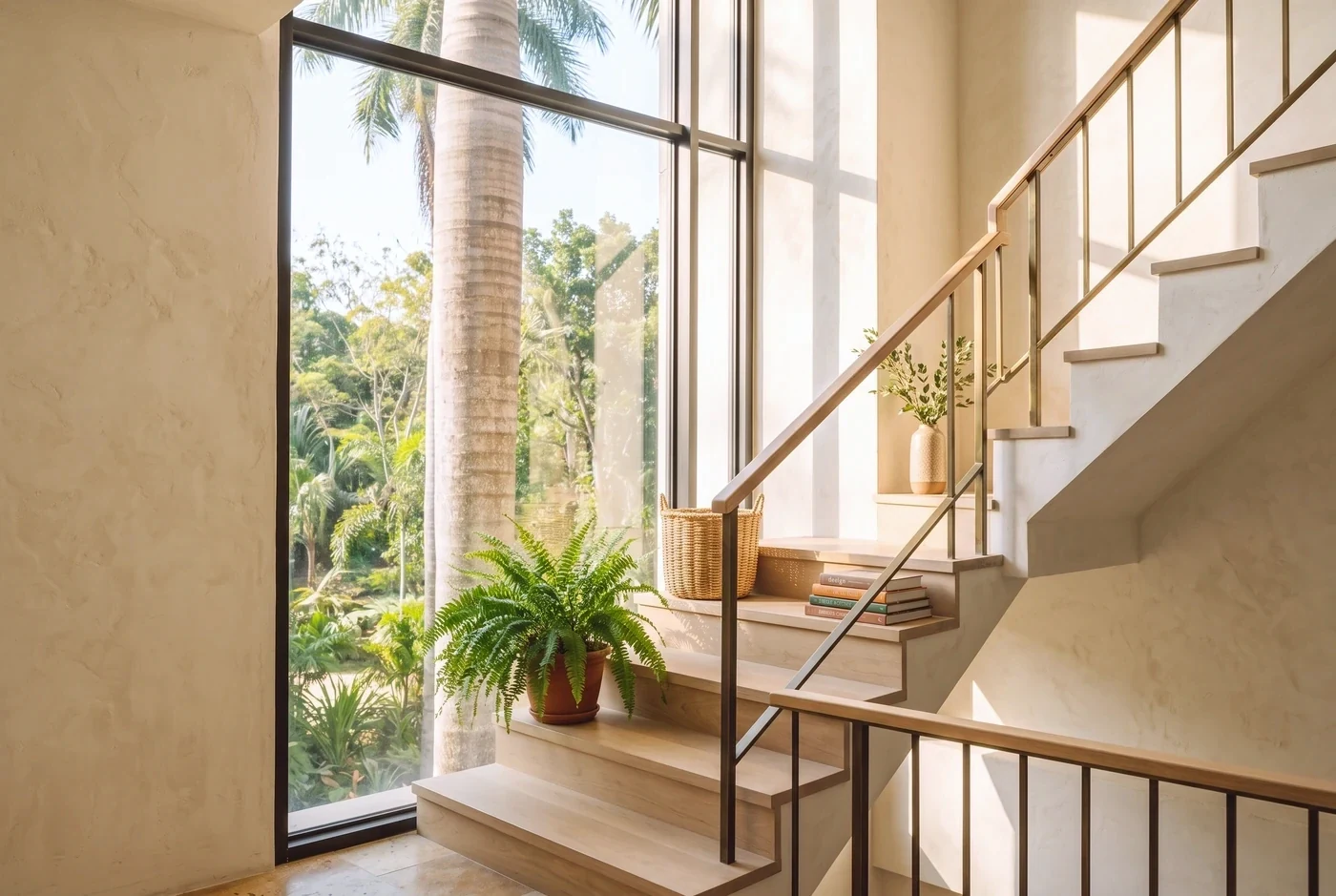 A full-height fixed window beside a pale oak stair, a palm trunk filling the view