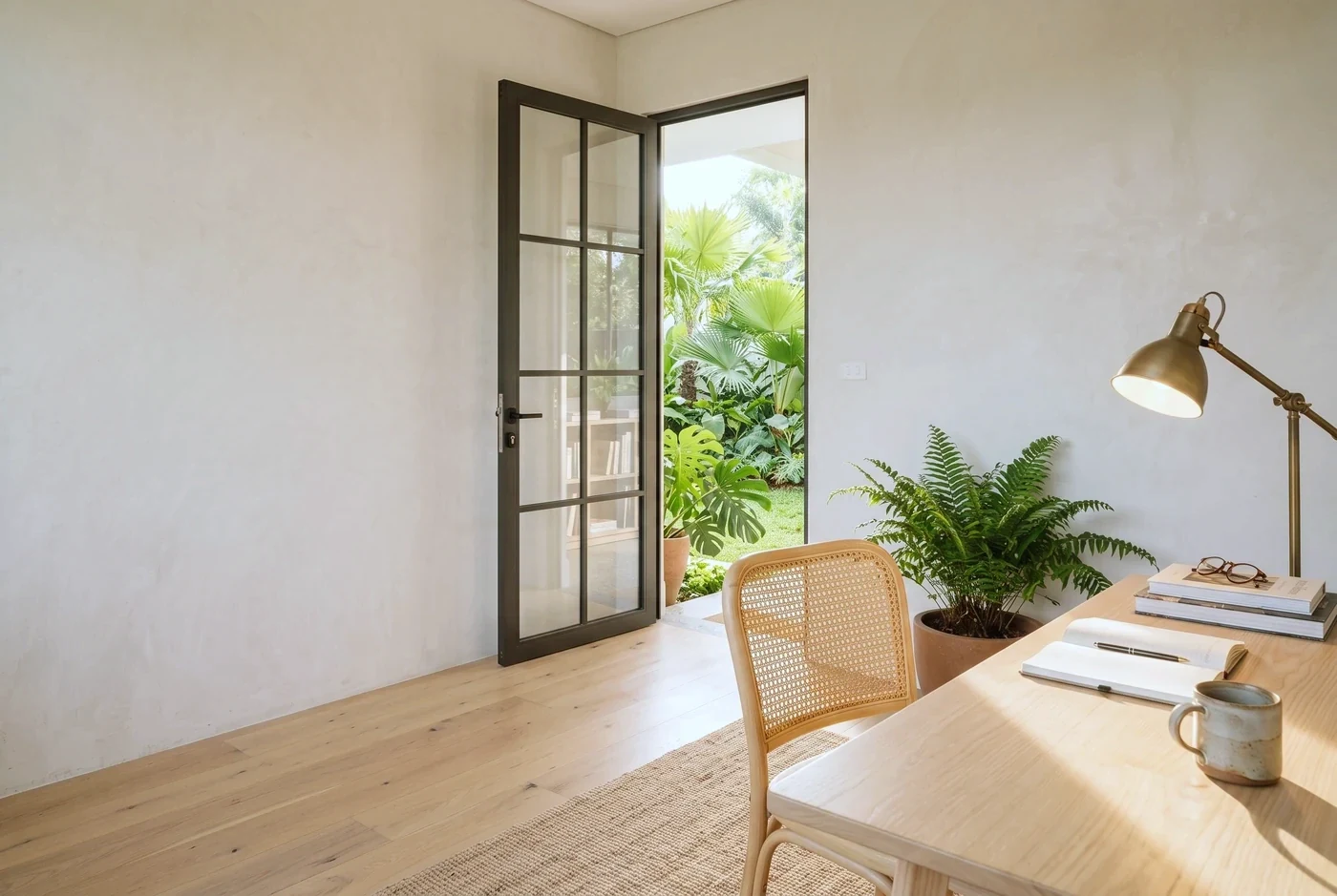 A glazed swing door with fine bars opening onto a reading room, desk lamp on