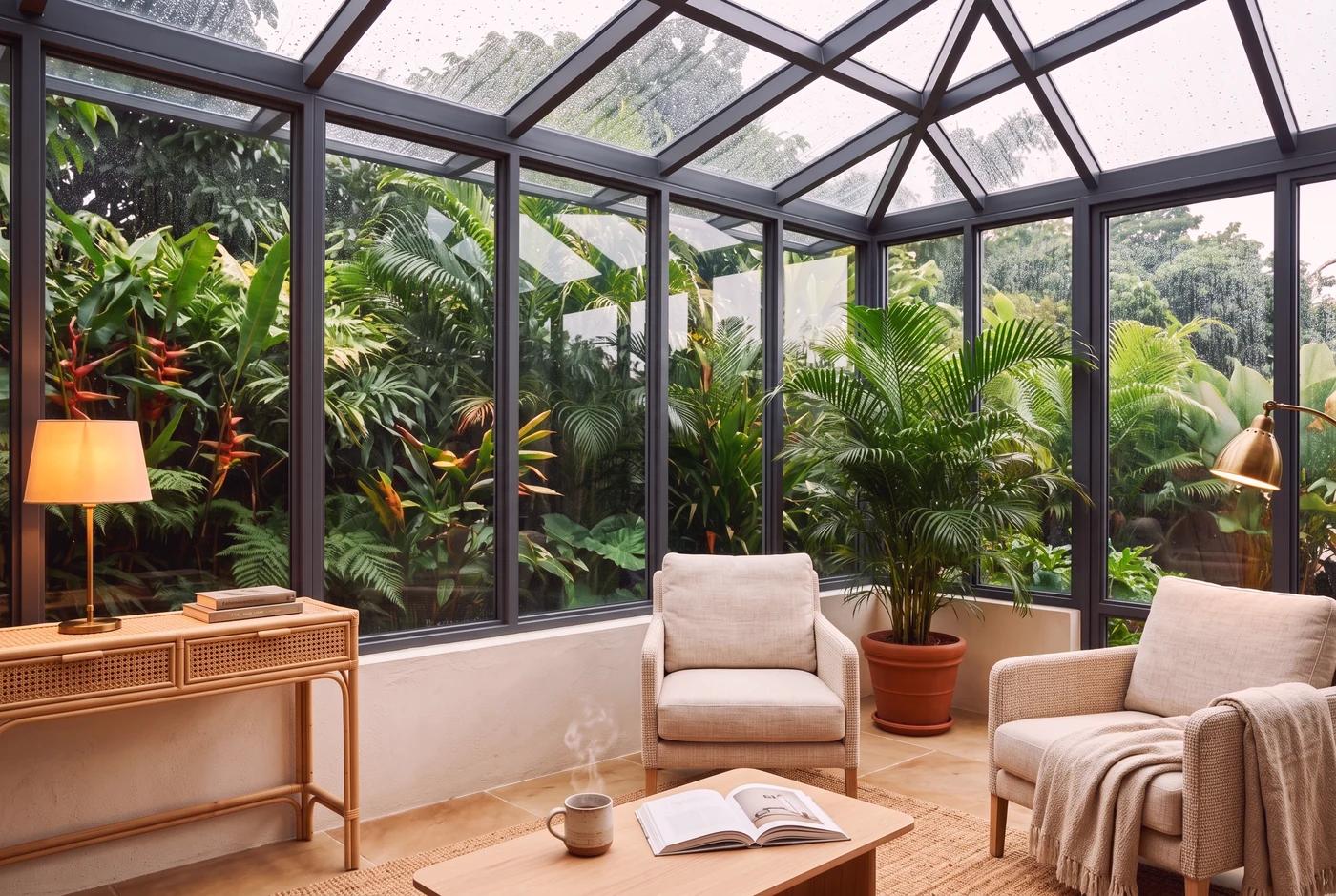 Inside a glazed garden room after rain, water still beaded on the roof glazing