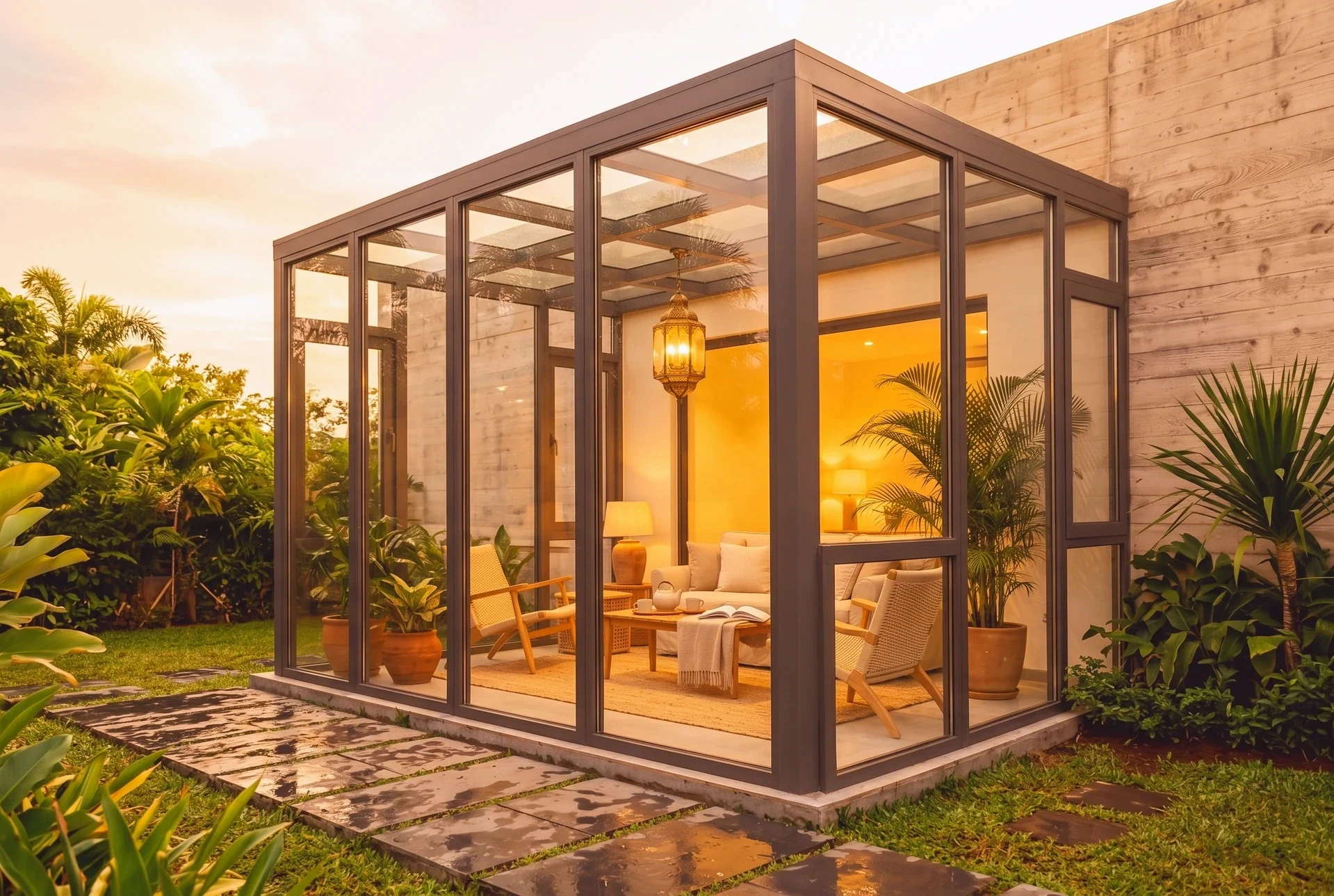 A glazed garden room glowing with warm low sunlight against a bright sky