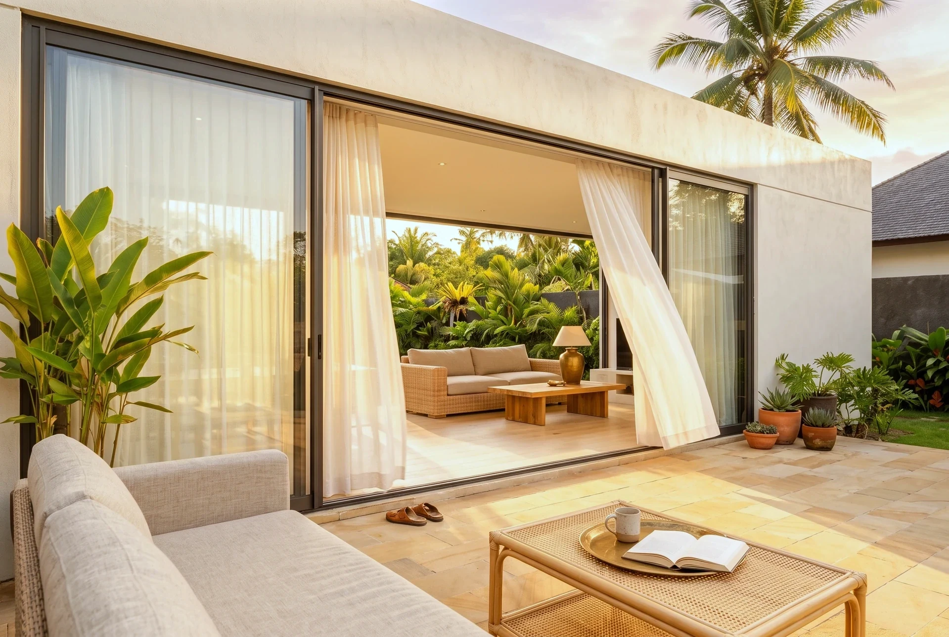 Sheer curtains lifting through an open sliding door in low golden light