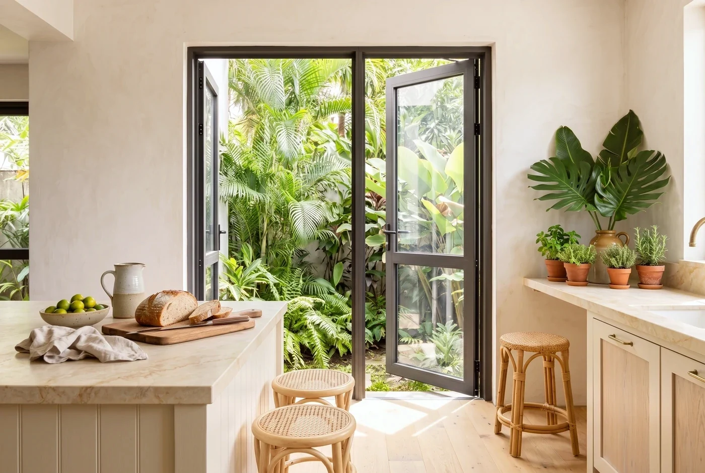 A slim-framed swing door beside a pale limestone kitchen