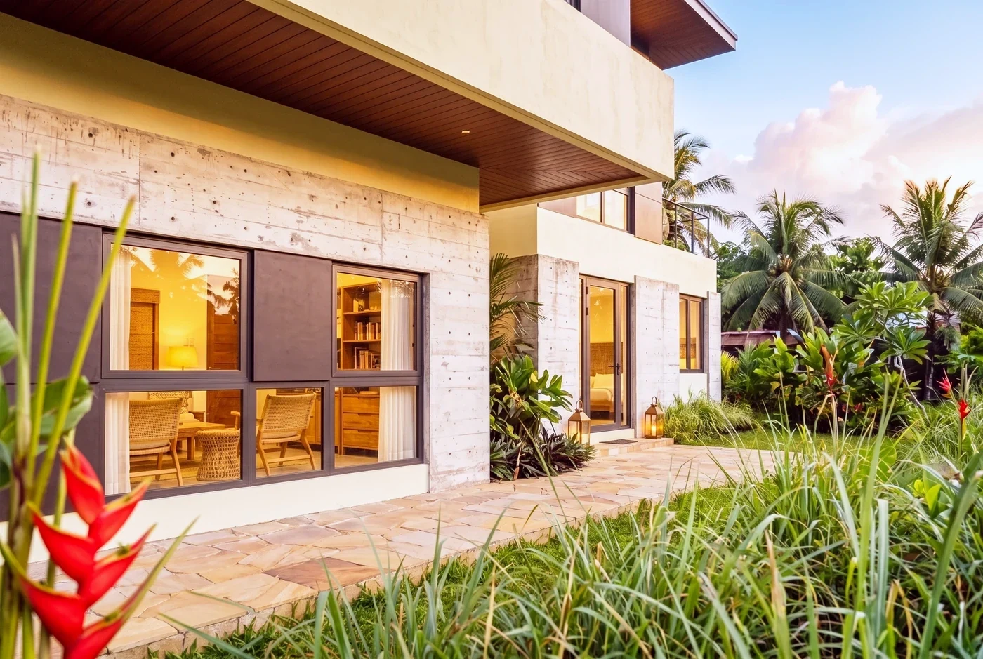 A modern facade at golden hour with the windows warmly lit
