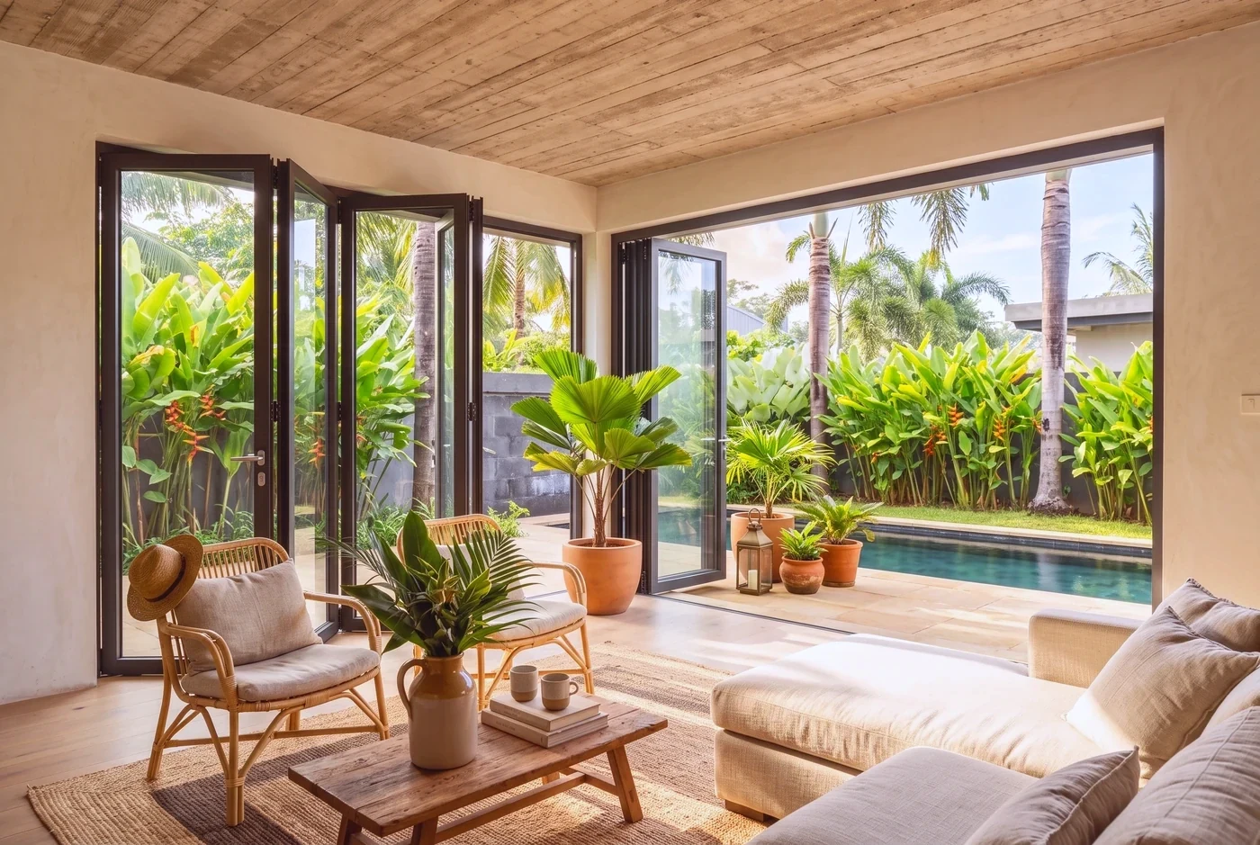 Folding doors stacked open in a pale oak-floored room, palms and sea beyond