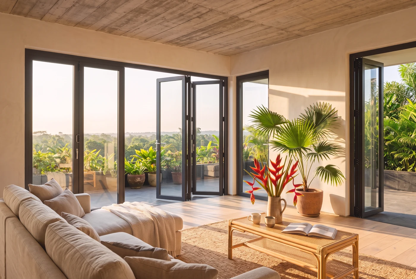 A curved sofa in a panoramic room wrapped in folding glazing