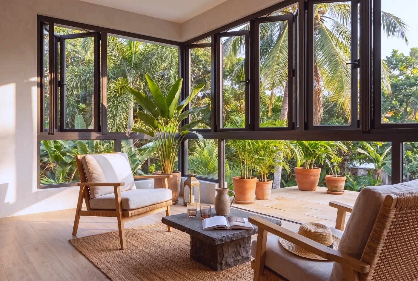 Folding glazing along a terrace with two woven chairs