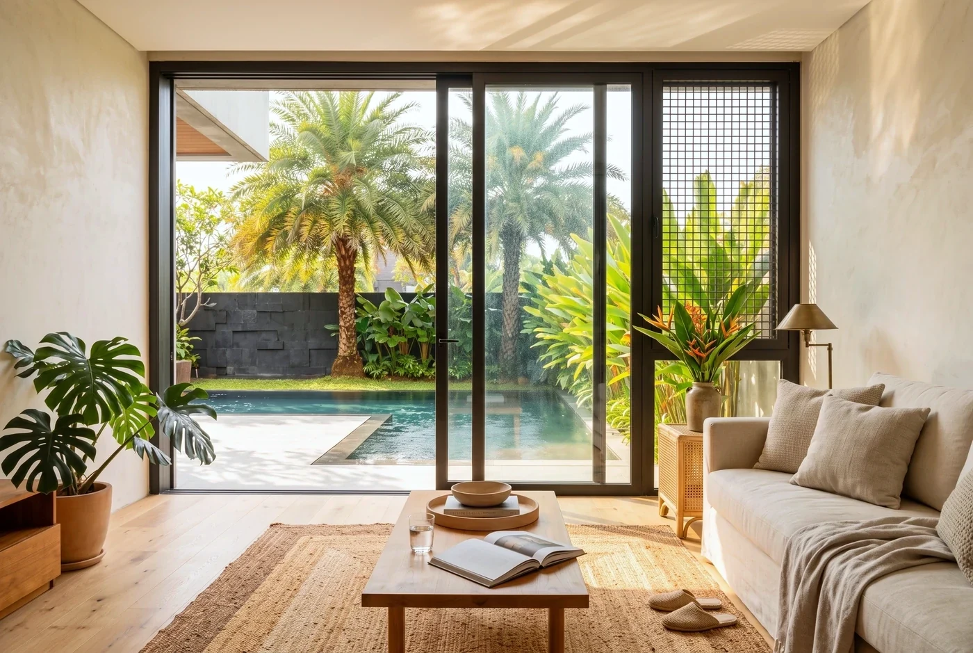 A furnished living room with a screened sliding window behind the sofa