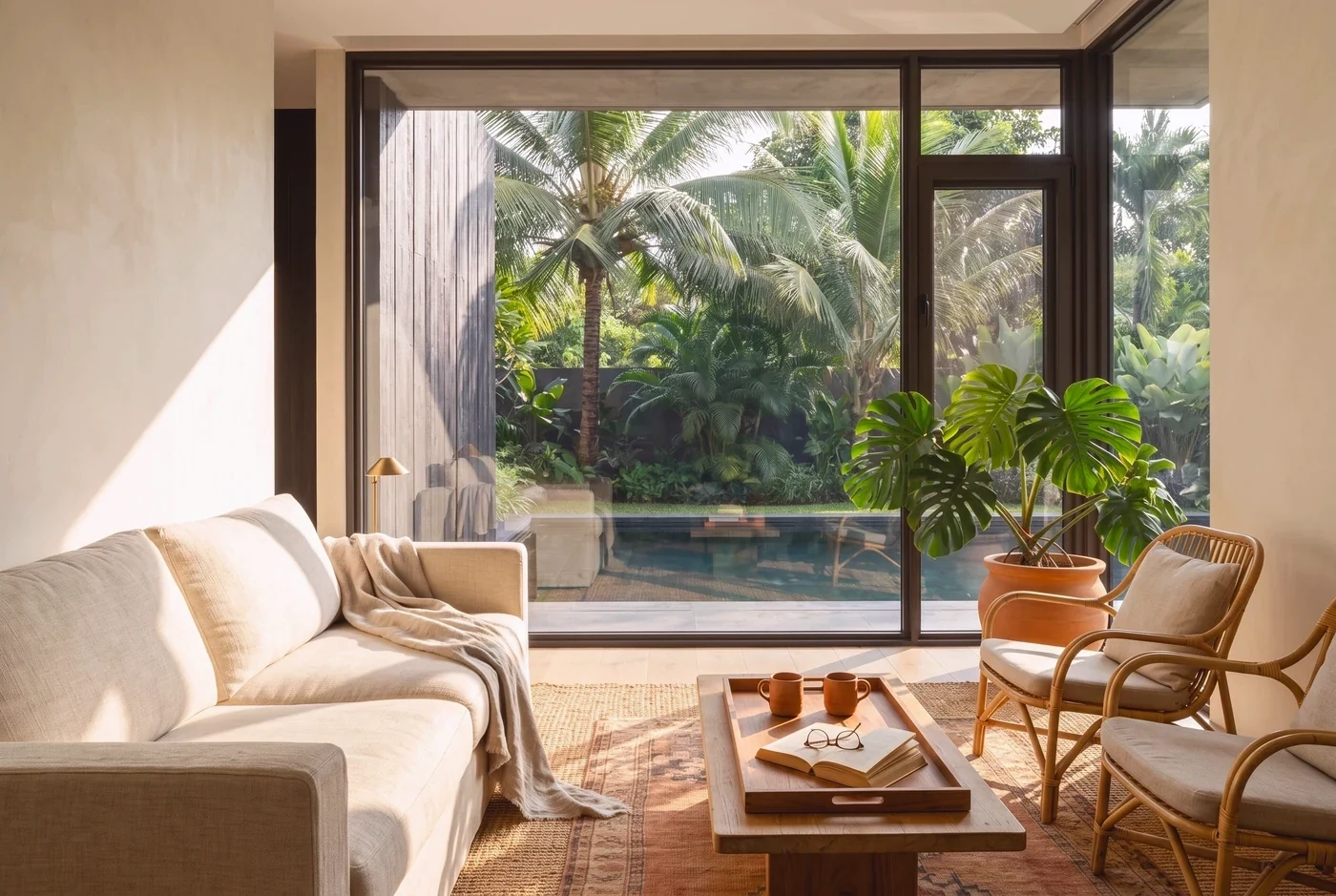 A bright oak-floored interior opening through corner glazing to palms and the sea